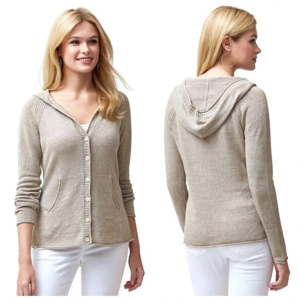 TOMMY BAHAMA Lea Hooded Linen V-Neck Knit Long Sleeve Beige Cardigan - Picture 1 of 11
